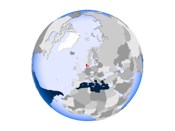 Denmark Highlighted Red Political Globe Transparent Oceans Illustration Isolated White — Stock Photo, Image