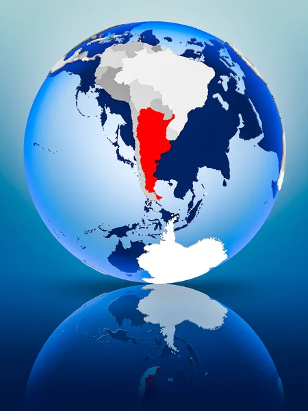 Argentina on political globe standing on reflective surface. 3D illustration.