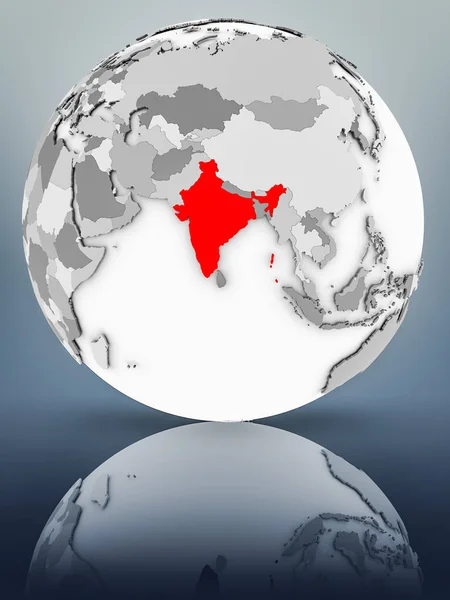 India on simple gray globe on shiny surface. 3D illustration.