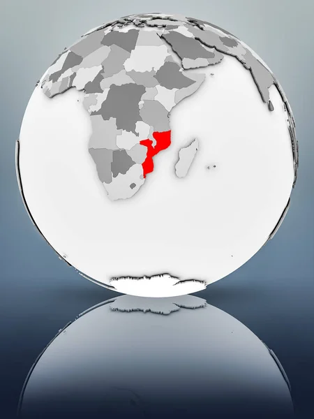 Mozambique on simple gray globe on shiny surface. 3D illustration.