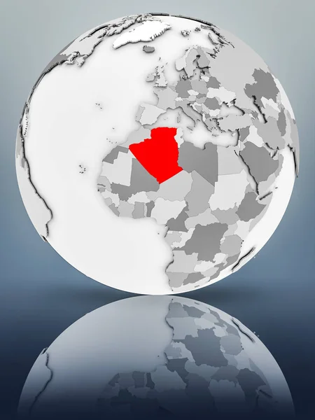 Algeria on simple gray globe on shiny surface. 3D illustration.