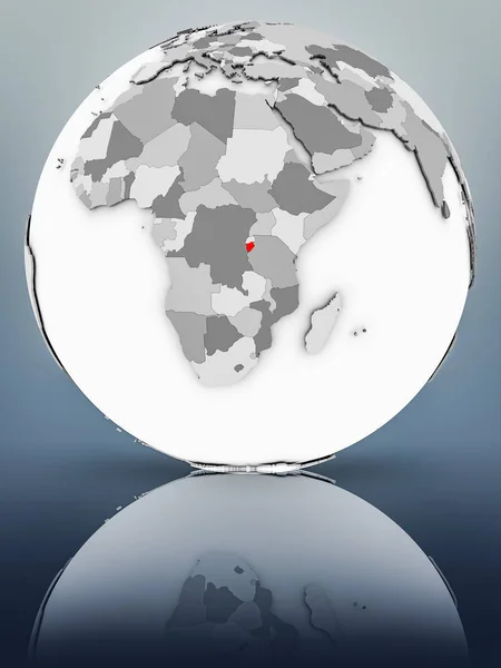 Burundi on simple gray globe on shiny surface. 3D illustration.