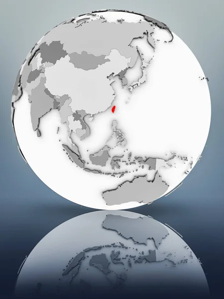 Taiwan on simple gray globe on shiny surface. 3D illustration.