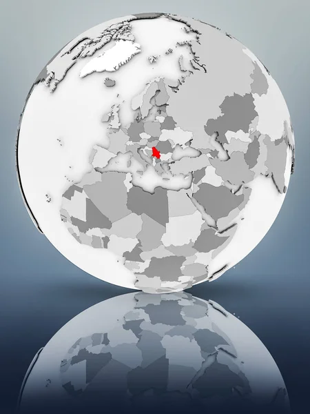 Serbia on simple gray globe on shiny surface. 3D illustration.