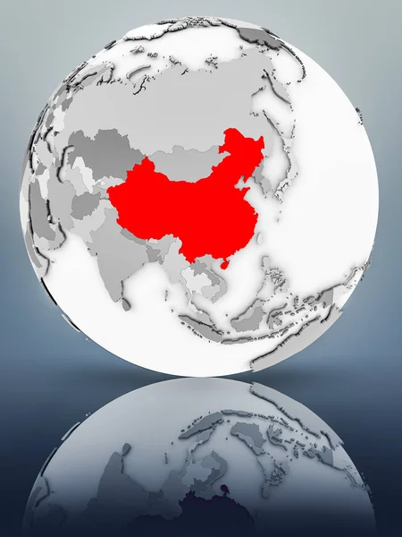 China on simple gray globe on shiny surface. 3D illustration.