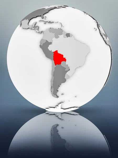 Bolivia on simple gray globe on shiny surface. 3D illustration.