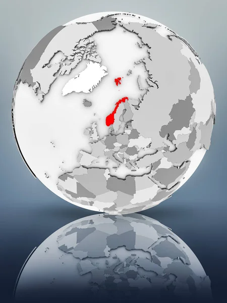 Norway on simple gray globe on shiny surface. 3D illustration.