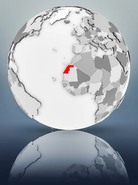 Western Sahara on simple gray globe on shiny surface. 3D illustration.