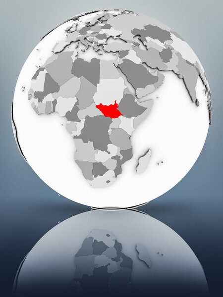 South Sudan on simple gray globe on shiny surface. 3D illustration.
