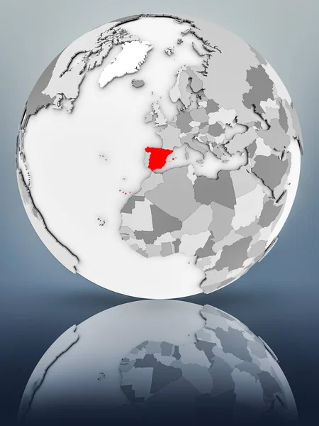 Spain on simple gray globe on shiny surface. 3D illustration.