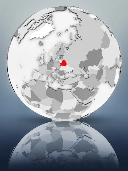 Belarus on simple gray globe on shiny surface. 3D illustration.