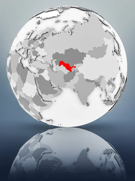 Uzbekistan on simple gray globe on shiny surface. 3D illustration.