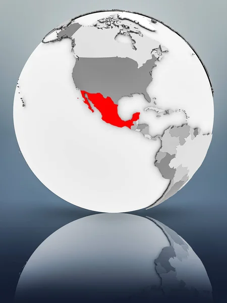 Mexico on simple gray globe on shiny surface. 3D illustration.