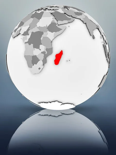 Madagascar on simple gray globe on shiny surface. 3D illustration.