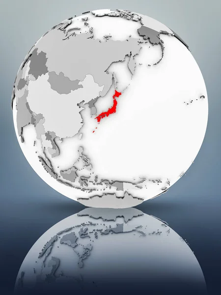 Japan on simple gray globe on shiny surface. 3D illustration.