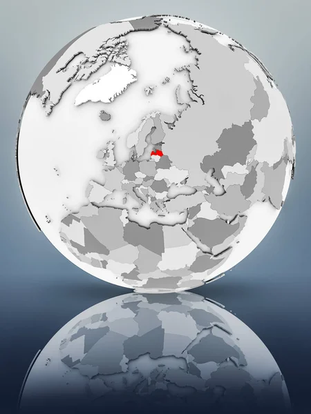 Latvia on simple gray globe on shiny surface. 3D illustration.