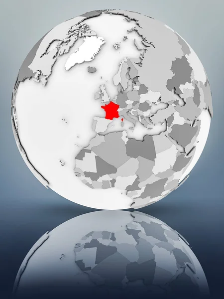 France on simple gray globe on shiny surface. 3D illustration.