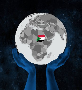 Sudan bayrağı elinde uzayda dünya üzerinde. 3D çizim.