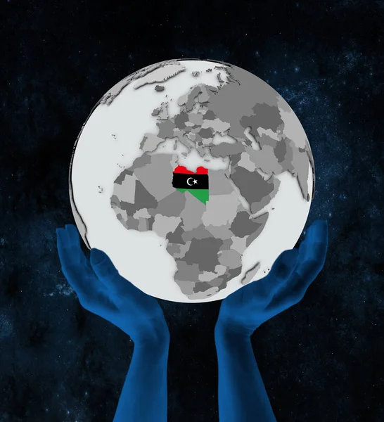 Líbia Com Bandeira Globo Nas Mãos Espaço Ilustração — Fotografia de Stock
