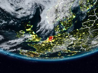 Hollanda gece görünür ülke sınırları ile yeryüzünde. 3D çizim. Nasa tarafından döşenmiş bu görüntü unsurları.