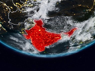 Hindistan dünyanın görünür ülke sınırları ile gece. 3D çizim. Nasa tarafından döşenmiş bu görüntü unsurları.
