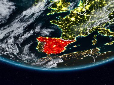İspanya dünya görünür ülke sınırları ile gece. 3D çizim. Nasa tarafından döşenmiş bu görüntü unsurları.