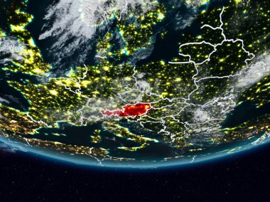 Avusturya görünür ülke sınırları ile gece yeryüzünde. 3D çizim. Nasa tarafından döşenmiş bu görüntü unsurları.