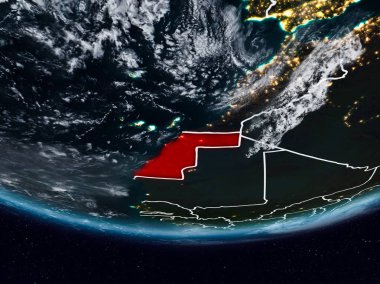 Batı Sahra görünür ülke sınırları ile gece yeryüzünde. 3D çizim. Nasa tarafından döşenmiş bu görüntü unsurları.