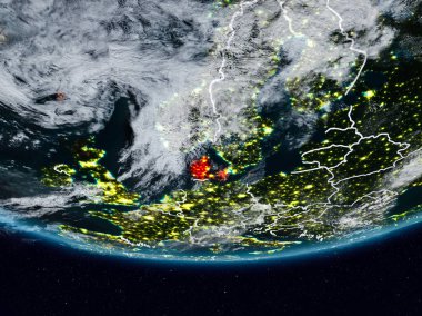 Danimarka görünür ülke sınırları ile gece yeryüzünde. 3D çizim. Nasa tarafından döşenmiş bu görüntü unsurları.