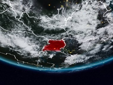 Uganda görünür ülke sınırları ile gece yeryüzünde. 3D çizim. Nasa tarafından döşenmiş bu görüntü unsurları.