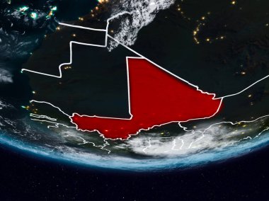 Mali görünür ülke sınırları ile gece yeryüzünde. 3D çizim. Nasa tarafından döşenmiş bu görüntü unsurları.