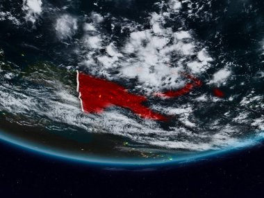 Papua Yeni Gine görünür ülke sınırları ile gece yeryüzünde. 3D çizim. Nasa tarafından döşenmiş bu görüntü unsurları.