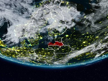 Letonya görünür ülke sınırları ile gece yeryüzünde. 3D çizim. Nasa tarafından döşenmiş bu görüntü unsurları.