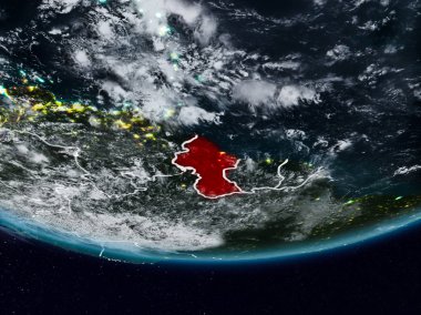 Guyana görünür ülke sınırları ile gece yeryüzünde. 3D çizim. Nasa tarafından döşenmiş bu görüntü unsurları.