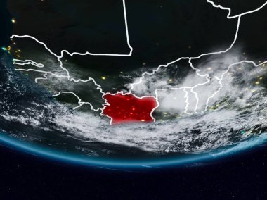 Fildişi Sahili görünür ülke sınırları ile gece yeryüzünde. 3D çizim. Nasa tarafından döşenmiş bu görüntü unsurları.