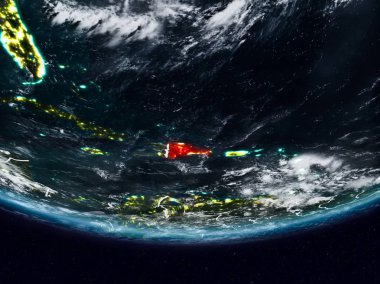 Dominik Cumhuriyeti görünür ülke sınırları ile gece yeryüzünde. 3D çizim. Nasa tarafından döşenmiş bu görüntü unsurları.