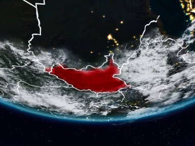 Güney Sudan görünür ülke sınırları ile gece yeryüzünde. 3D çizim. Nasa tarafından döşenmiş bu görüntü unsurları.