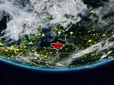 Litvanya gece görünür ülke sınırları ile yeryüzünde. 3D çizim. Nasa tarafından döşenmiş bu görüntü unsurları.