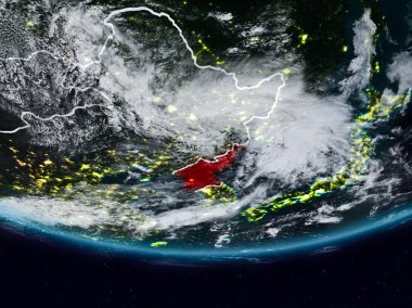 Kuzey Kore görünür ülke sınırları ile gece yeryüzünde. 3D çizim. Nasa tarafından döşenmiş bu görüntü unsurları.