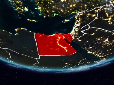 Mısır görünür ülke sınırları ile gece yeryüzünde. 3D çizim. Nasa tarafından döşenmiş bu görüntü unsurları.