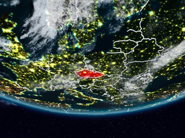 Çek Cumhuriyeti görünür ülke sınırları ile gece yeryüzünde. 3D çizim. Nasa tarafından döşenmiş bu görüntü unsurları.