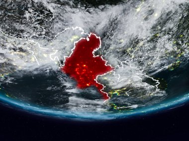 Myanmar görünür ülke sınırları ile gece yeryüzünde. 3D çizim. Nasa tarafından döşenmiş bu görüntü unsurları.