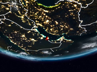 Katar görünür ülke sınırları ile gece yeryüzünde. 3D çizim. Nasa tarafından döşenmiş bu görüntü unsurları.