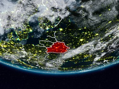 Beyaz Rusya görünür ülke sınırları ile gece yeryüzünde. 3D çizim. Nasa tarafından döşenmiş bu görüntü unsurları.