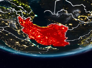 Iran dünya görünür ülke sınırları ile gece. 3D çizim. Nasa tarafından döşenmiş bu görüntü unsurları.