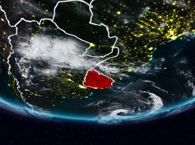 Uruguay görünür ülke sınırları ile gece yeryüzünde. 3D çizim. Nasa tarafından döşenmiş bu görüntü unsurları.
