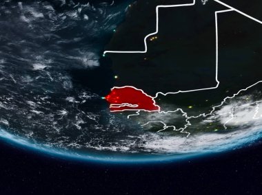Senegal görünür ülke sınırları ile gece yeryüzünde. 3D çizim. Nasa tarafından döşenmiş bu görüntü unsurları.