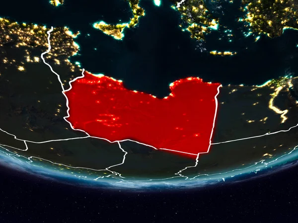 Libya on Earth at night with visible country borders. 3D illustration. Elements of this image furnished by NASA.