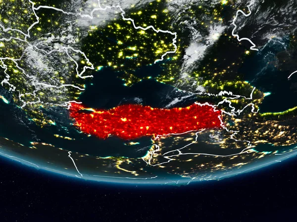 Turkey on Earth at night with visible country borders. 3D illustration. Elements of this image furnished by NASA.
