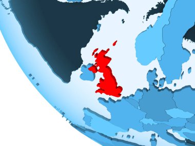 İngiltere kırmızı şeffaf okyanuslar ile mavi siyasi dünya üzerinde vurgulanır. 3D çizim.